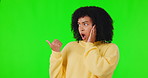 Face, woman in show and pointing at surprise on green screen or wow, emoji and news or announcement mockup. Portrait, black female and shocked expression from gossip, deal or promotion mock up