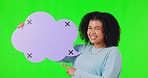 Happy, woman and speech bubble on green screen or tracking markers for opinion or social media and isolated on mockup. Face, voice and female smile or marketing or promo and on studio background. 

