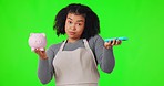 Woman, piggy bank and card machine on green screen for payment, choice or decision against a studio background. Portrait of female person thinking with piggybank in finance or investment on mockup