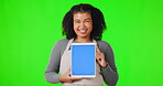 Tablet, screen and happy woman advertising mockup, space and chroma key on green studio background. Portrait of female with mobile display for digital product, marketing or promotion mock up