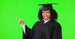 Graduate, green screen and woman pointing, face and presentation isolated on studio background information. African person, university student and scholarship opportunity, show mockup or announcement