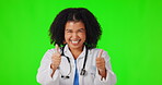 Green screen, face or doctor with a thumbs up for healthcare, medical consulting or success. Happy woman, thumb up or portrait of worker with a good hand gesture for yes sign, okay or like in studio