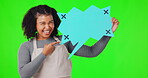 Happy woman, speech bubble and pointing on green screen for social media against a studio background. Portrait of female person holding icon or shape for notification or advertising on mockup space