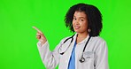 Doctor, pointing and woman face on green screen for healthcare presentation, information or text mockup. Show, happy and medical worker or african person, health insurance advice and promo in studio