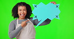 Happy woman, speech bubble and pointing on green screen for advertising against a studio background. Portrait of female person holding icon or shape for social media or advertisement on mockup space