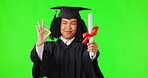 Graduation, green screen and woman okay hands isolated on studio background for education, college or success emoji. Face of African person, university student or graduate, diploma or certificate yes
