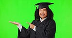 Graduation, green screen and woman presentation, face or mockup isolated on studio background of university offer. African person, graduate student and palm choice, show mock up and opportunity space