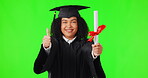 Graduate, green screen and woman thumbs up isolated on studio background for education, college or success emoji. Face of African person, university student and graduation yes, diploma or certificate