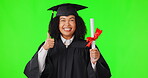 Graduation, green screen and woman thumbs up isolated on studio background for education, college and success. Face of African person, university student and graduate with yes, diploma or certificate