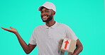 Portrait, delivery and presentation with a black man courier in studio on a blue background holding a box. Logistics, ecommerce or package with a happy male postal worker showing shipping information