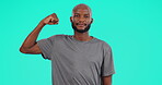 Portrait, arm and bicep with a black man in studio on a blue background for health or fitness. Muscle, strong and body with a handsome young male athlete posing indoor for exercise or training