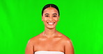 Face, happy woman and natural beauty on green screen, background and mockup studio for dermatology cosmetics. Portrait, female model and smile for skincare treatment, aesthetic shine and facial glow