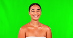 Green screen, face and beauty of happy woman on background, studio and mockup space for aesthetic dermatology. Portrait, female model and natural skincare for shine, facial glow and clean cosmetics