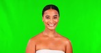Face, woman and smile for beauty on green screen, background and mockup studio for dermatology cosmetics. Portrait, happy female model and natural skincare for aesthetic shine, facial glow and pride