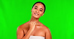 Woman, green screen and gua sha for neck massage, aesthetic skincare and dermatology on studio background. Portrait, female model and crystal stone tools for face, beauty shine and lymphatic drainage