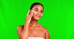 Green screen, cream and face of woman for beauty cosmetics, dermatology and aesthetic makeup on studio background. Happy female model, lotion and facial sunscreen for clean skincare, glow and shine
