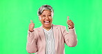 Happy woman, portrait and dancing with thumbs up on green screen for success against studio background. Business female person smile in dance showing thumb emoji, yes sign or like on chromakey mockup