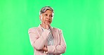 Green screen, thinking and senior business woman with pride, confidence and serious on studio background. Executive, chromakey and thoughtful female person with ideas, brainstorming and ceo mindset