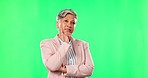 Green screen, thinking and business woman with idea, confidence and serious on studio background. Executive, chromakey and thoughtful senior female person with ideas, brainstorming and ceo mindset