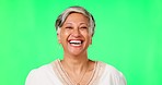 Green screen, laugh and face of senior woman with happiness, confidence and smile in studio background. Happy, chromakey and portrait of elderly female person laughing for funny joke, humor or comedy