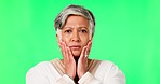 Face, green screen and senior woman with a surprise, gossip and announcement against a studio background. Portrait, mature lady and female person with news, emoji and rumor with facial expression
