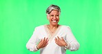 Face, green screen and senior woman with a smile, dance and excited against studio background. Portrait, mature female person and elderly model dancing, celebration and happiness with positive energy