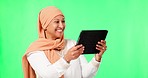 Conversation, green screen or Islamic woman with a tablet, video call or talking on studio background. Muslim female person, mature lady or model with technology, online chatting or social media app