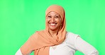 Happy woman, scarf and portrait of muslim on green screen with smile for fashion against a studio background. Female person with hijab smiling in style, islam or proud of religion on chromakey mockup