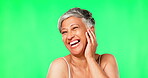 Funny, beauty and face of old woman on green screen in studio isolated on background mockup. Elderly portrait, natural skincare and female model with makeup, anti aging cosmetics or facial treatment.