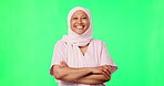 Happy, face and muslim nurse on green screen with arms crossed for healthcare, hospital or medical worker mockup. Doctor, islamic woman and portrait for healthy advice or support on studio background