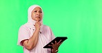 Tablet, nurse thinking and green screen isolated on studio background for healthcare results, solution or doctor service. Medical muslim woman, research ideas and digital tech, space and telehealth