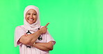 Face, happy and muslim nurse on green screen with arms crossed for healthcare, hospital or medical worker mockup. Doctor, islamic woman and portrait for healthy advice or support on studio background