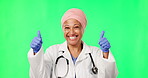 Thumbs up, green screen and doctor or woman face isolated on studio background in success, winning or support. Like, okay and yes hands or emoji of happy medical worker or muslim person in healthcare