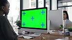 Office, green screen and people on computer, mockup and tracking markers for editing or copywriting on website. Creative agency, workspace and woman typing on desktop pc with online advertising space