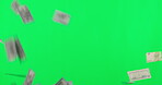 Money background, air and green screen in financial freedom, lottery and competition winning, prize or giveaway. Bonus, profit and raining cash for celebration, gambling or wealth and lotto in studio