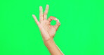 Good, ok sign and hand of a person on green screen for support, okay emoji or agreement. Hands of a model to show icon or symbol for review, feedback and yes vote or agreement on a studio background