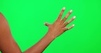 Scroll, gesture and hand on green screen in studio for website, internet search and browse online. User interface, social media and hands of person on chromakey background for mobile app advertising