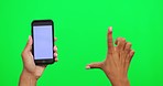 Scroll, phone and hand on green screen for website, internet search and browse online. User interface mockup, social media and hands of person on chromakey background for mobile app advertising