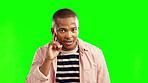 Portrait, hand and black man to listen to secret on green screen, studio or gesture for quiet, silent and hear gossip. Whisper, sound and finger on lips for attention, hearing or announcement