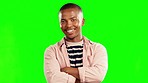 Young black man, smile and face by green screen for fashion mockup, confident and arms crossed in studio. Happy student guy, African model or trendy clothes in portrait with gen z aesthetic for style