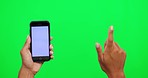 Scroll mockup, phone and hand on green screen for website, internet search and online touchscreen. User interface, social media and hands of person on chromakey background for mobile app advertising