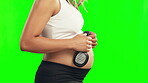 Profile, pregnant woman or headphones on belly in studio on green screen for growth or baby development. Pregnancy music, relax or mother to be streaming radio audio on stomach for healthy maternity