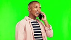 Black man, phone call and green screen with communication, talking and smartphone with mockup space. Male person, happy with chat and tech, connection with discussion isolated on studio background