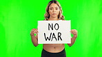 Serious woman, no war sign and billboard on green screen for protest or message on mockup background. Portrait of female person or activist with poster, paper or placard for protesting on chromakey