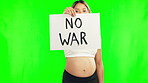 Pregnant woman, no war sign and billboard on green screen for protest or message on mockup background. Portrait of female person or activist with poster, paper or placard for protesting on chromakey