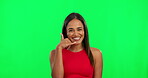 Green screen phone gesture, call me and happy woman with cellphone emoji icon for networking conversation. Contact us, communication and chroma key portrait of flirting person on studio background