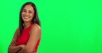 Advertising green screen, face and happy woman point at promo, retail commercial or mockup notification. Chroma key portrait, presentation gesture or person arms crossed isolated on studio background