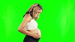 Studio, profile or pregnant stomach with woman on green screen for body wellness or development. Pregnancy, love or isolated mother to be holding abdomen or belly for bonding or healthy baby growth 