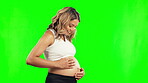 Stomach, pregnant and a happy woman on a green screen with a smile, hope and love, Profile of female person with happiness and excited for pregnancy belly, health and wellness on a studio background