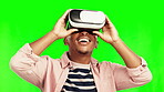 Black man, cyber and vr metaverse on green screen in studio isolated on a background. Virtual reality, ui and happy African person with futuristic digital technology for 3d fantasy video on internet.